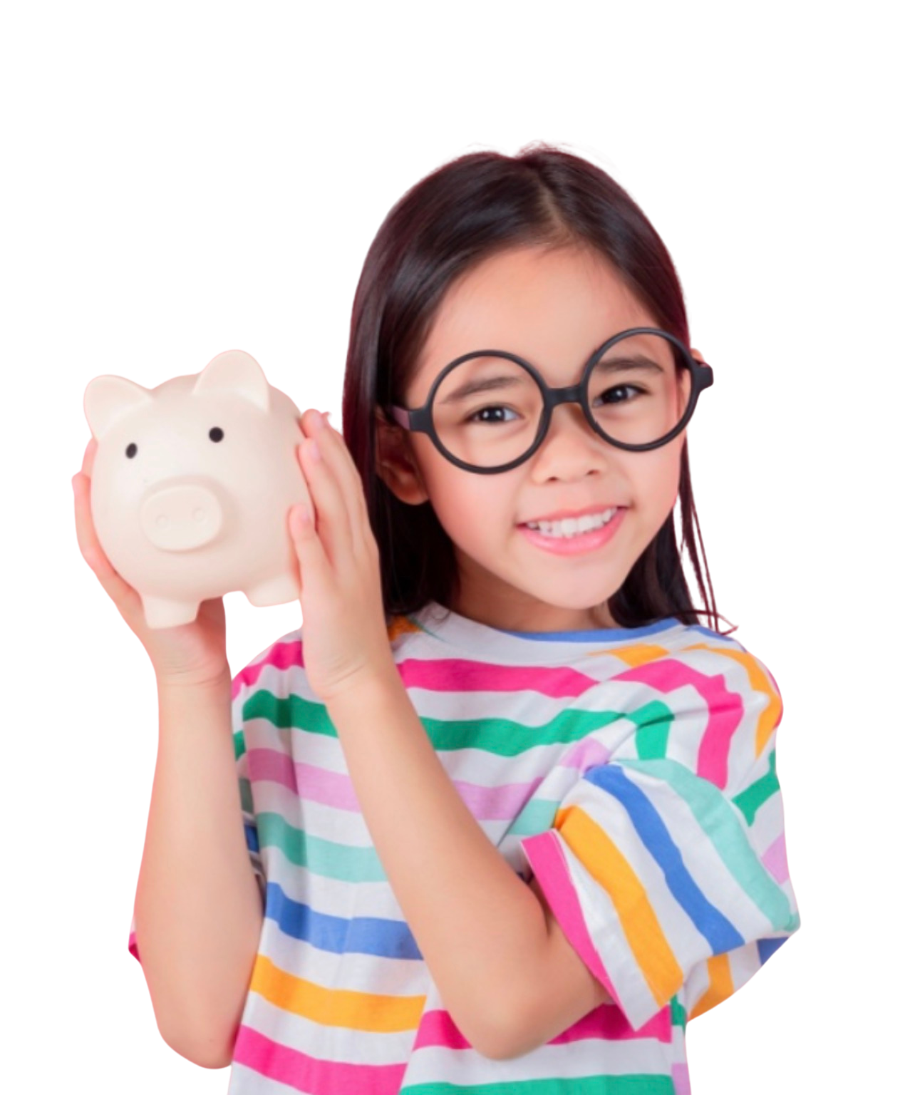 A smiling girl in round glasses holding a piggy bank