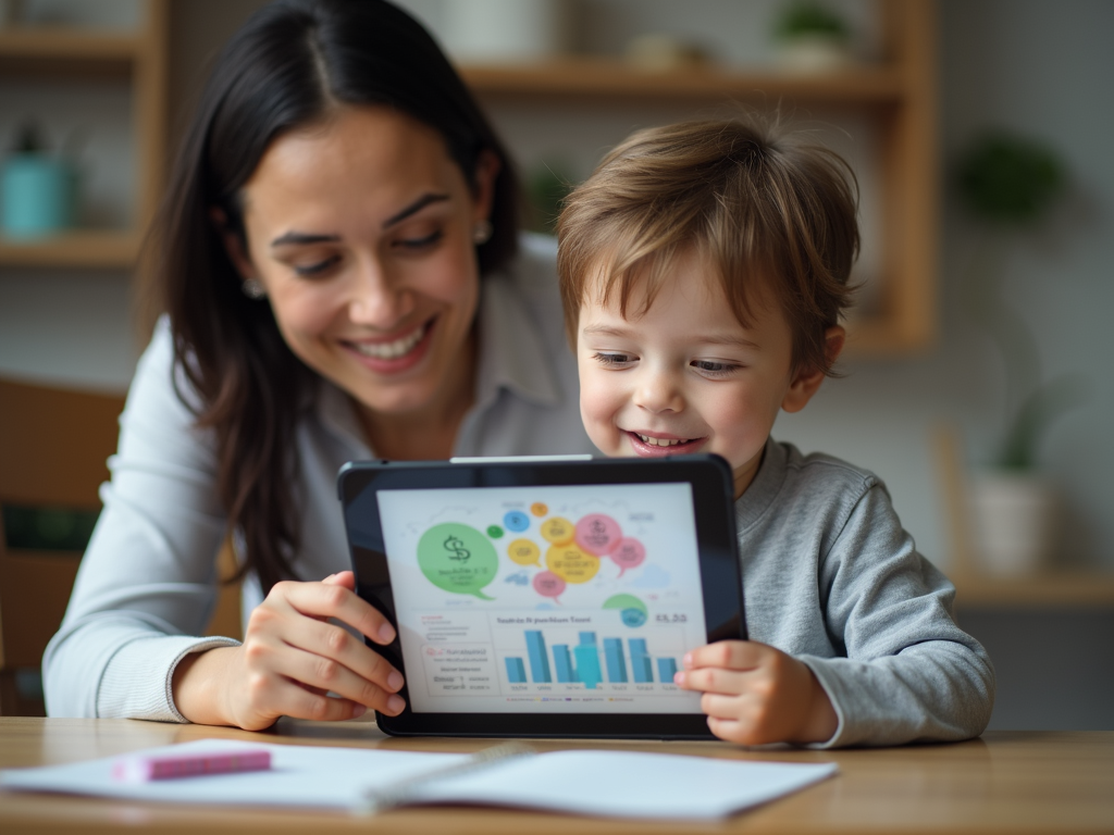 Child smiling at a colourful money lesson on a tablet while a parent looks on
