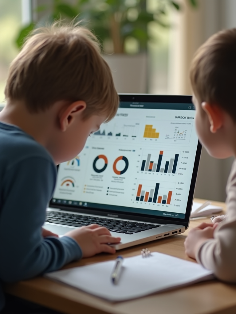 Parent and child looking together at a progress chart on a laptop