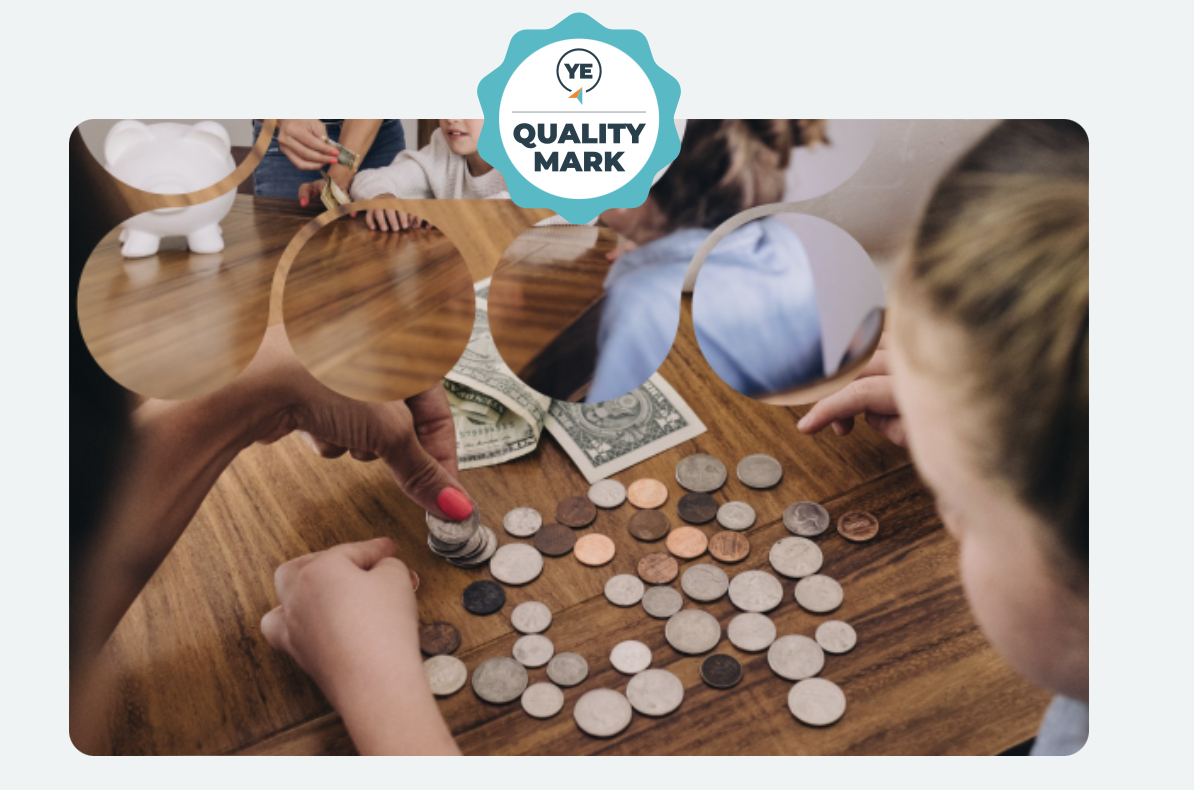 Young Enterprise Quality Mark badge above a family sorting coins and notes on a wooden table