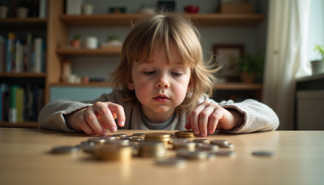 Child counting a pile of pocket money coins at a table
